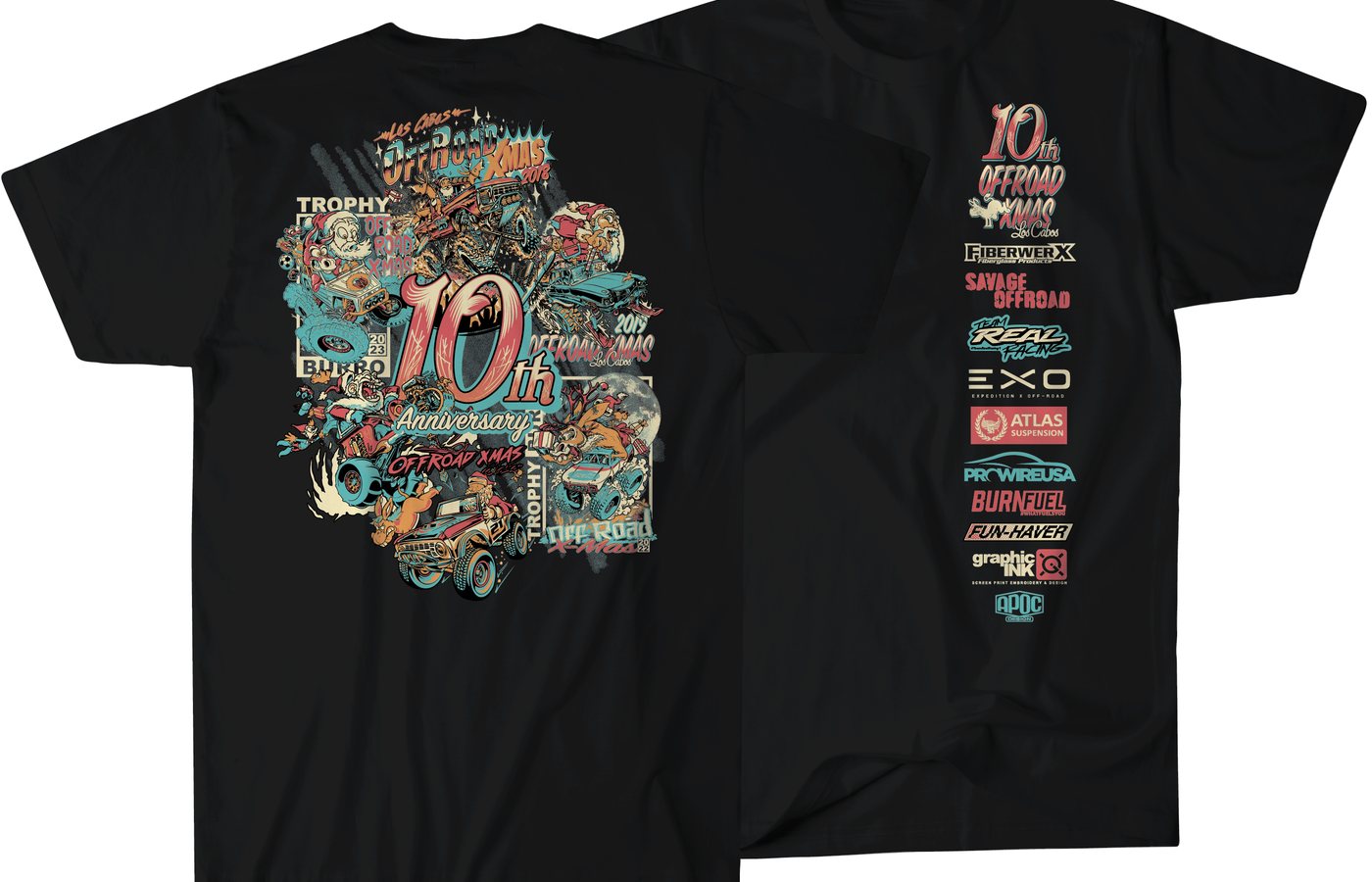 Offroad Xmas anniversary shirt artwork showing sponsor support.