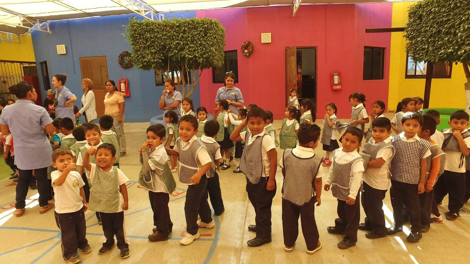 Kids gathered together during a school stop connected to Offroad Xmas.